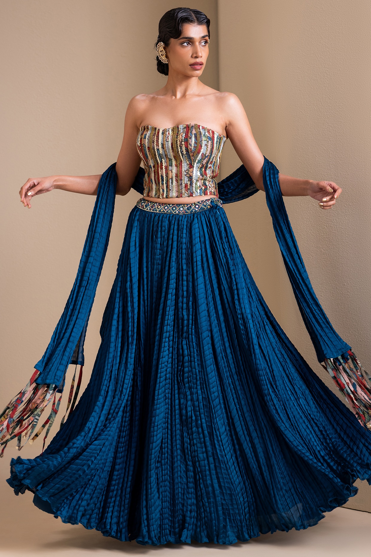 AAMRA BY LAVANYA Peacock Blue Silk Crushed Lehenga Set