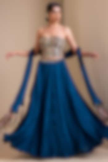 Peacock Blue Silk Crushed Wedding Lehenga Set by AAMRA BY LAVANYA at Pernia's Pop Up Shop