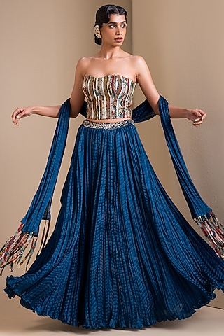 Peacock Blue Silk Crushed Lehenga Set by AAMRA BY LAVANYA