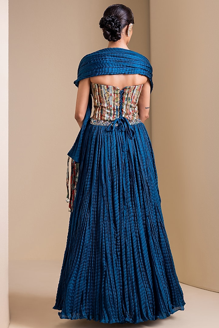 Peacock Blue Silk Crushed Wedding Lehenga Set by AAMRA BY LAVANYA at Pernia's Pop Up Shop