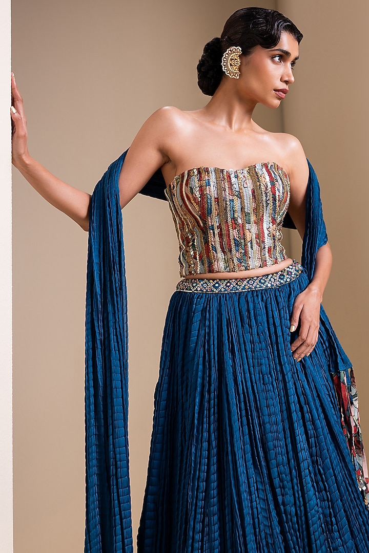 Peacock Blue Silk Crushed Wedding Lehenga Set by AAMRA BY LAVANYA at Pernia's Pop Up Shop