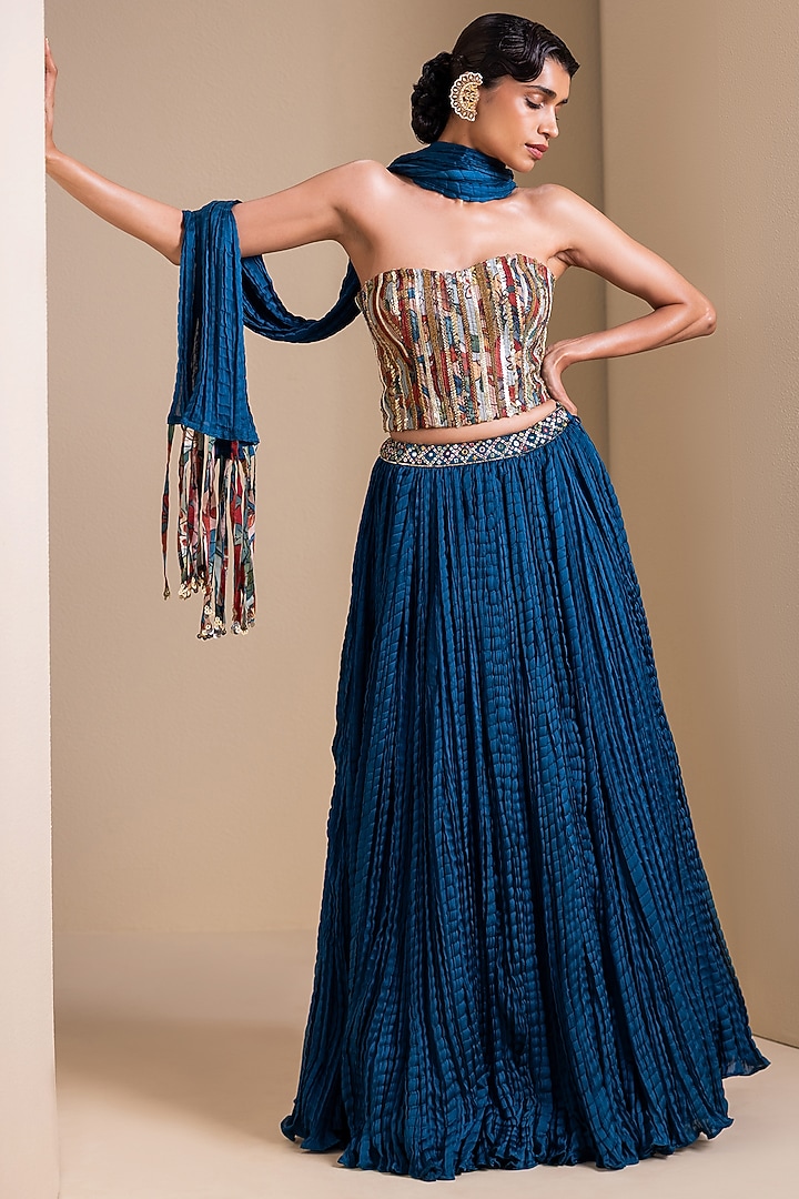 Peacock Blue Silk Crushed Wedding Lehenga Set by AAMRA BY LAVANYA at Pernia's Pop Up Shop