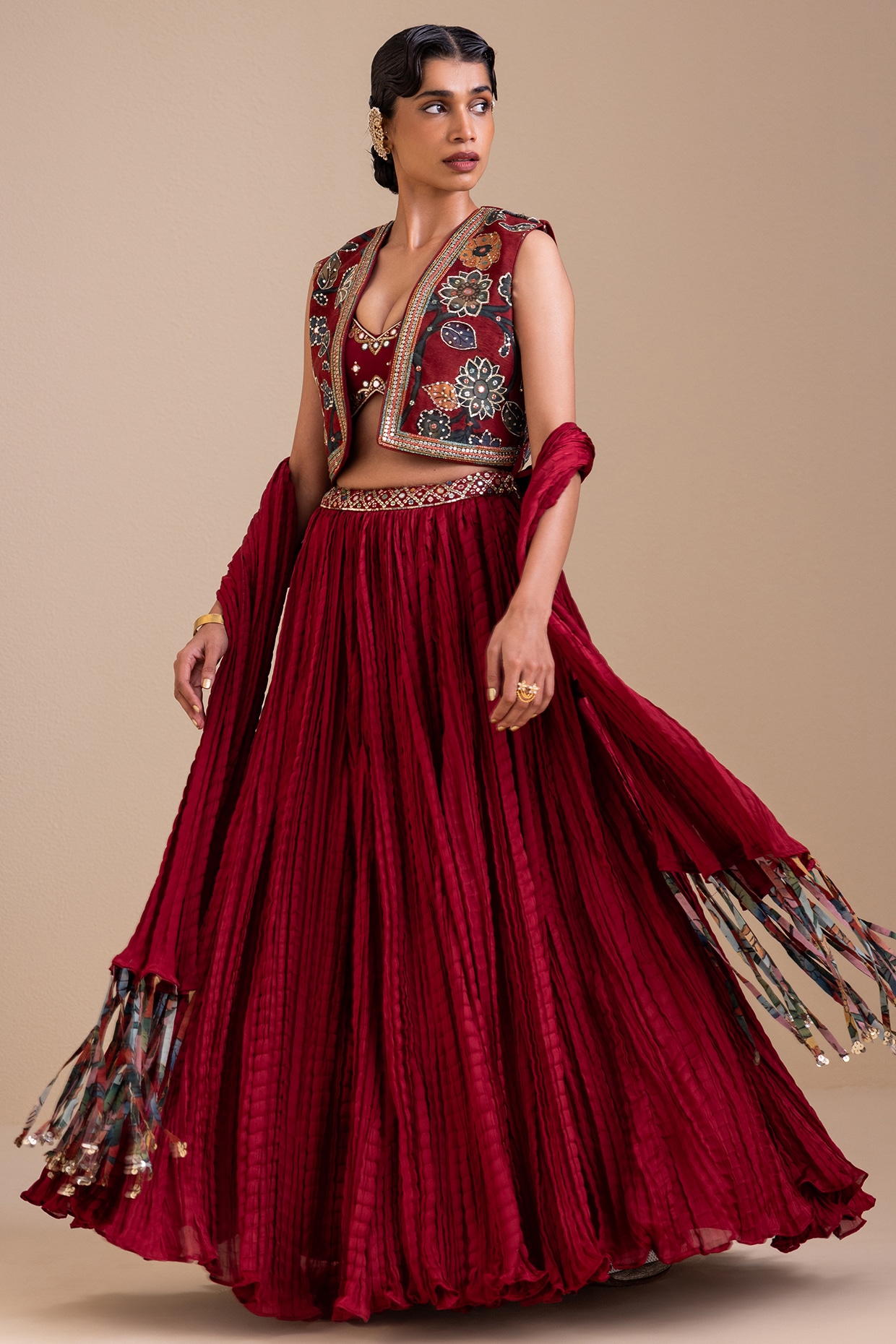 AAMRA BY LAVANYA Maroon Silk Crushed Lehenga Set