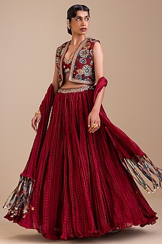 Maroon Silk Crushed Lehenga Set by AAMRA BY LAVANYA