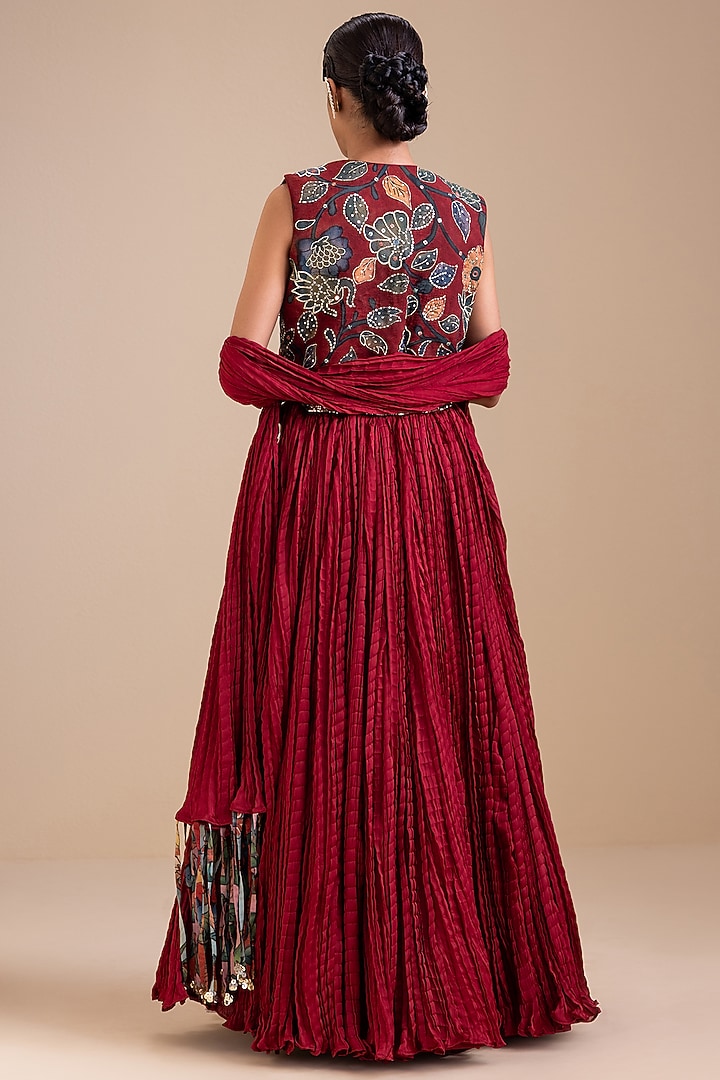 Maroon Silk Crushed Wedding Lehenga Set by AAMRA BY LAVANYA at Pernia's Pop Up Shop