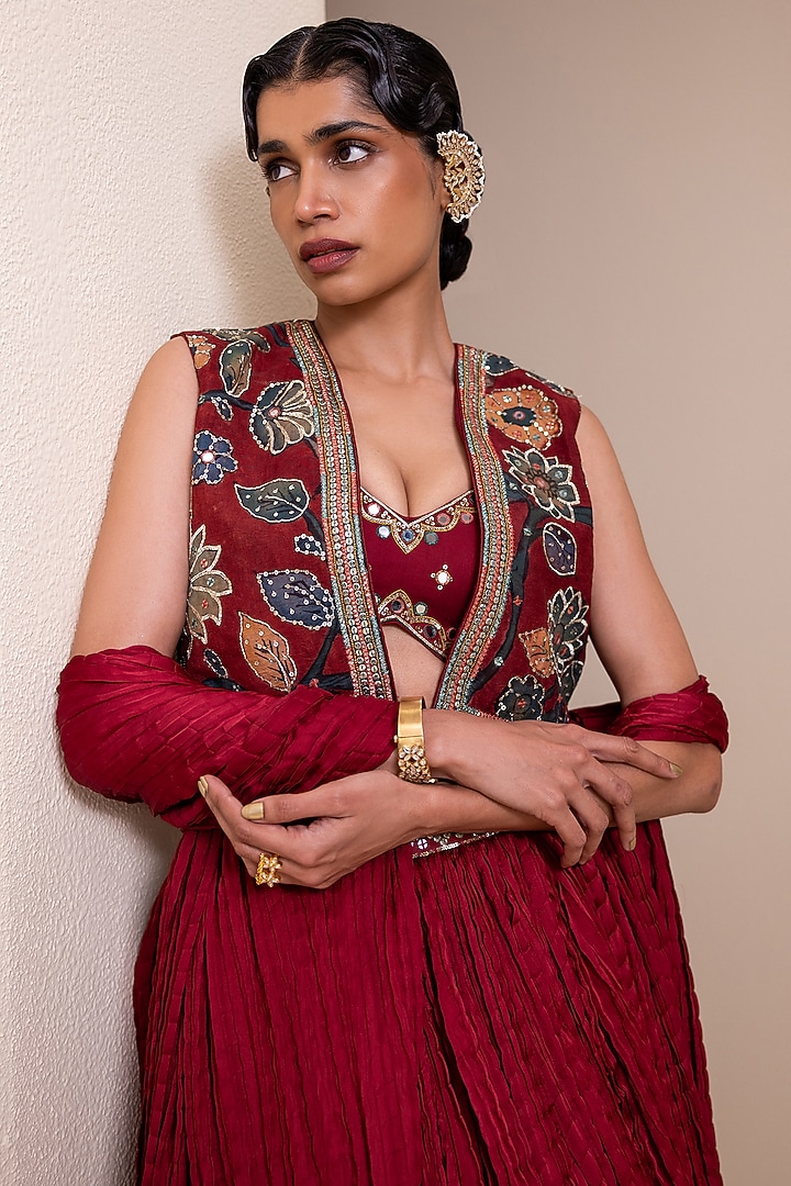 Maroon Silk Crushed Wedding Lehenga Set by AAMRA BY LAVANYA at Pernia's Pop Up Shop