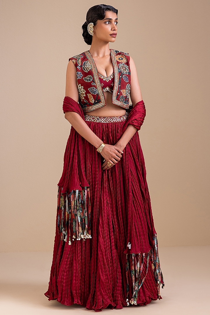 Maroon Silk Crushed Wedding Lehenga Set by AAMRA BY LAVANYA at Pernia's Pop Up Shop