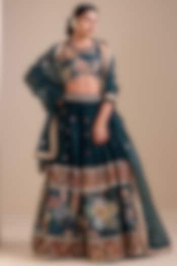 Rama Green Silk Kalamkari Hand Embroidered Wedding Lehenga Set by AAMRA BY LAVANYA at Pernia's Pop Up Shop