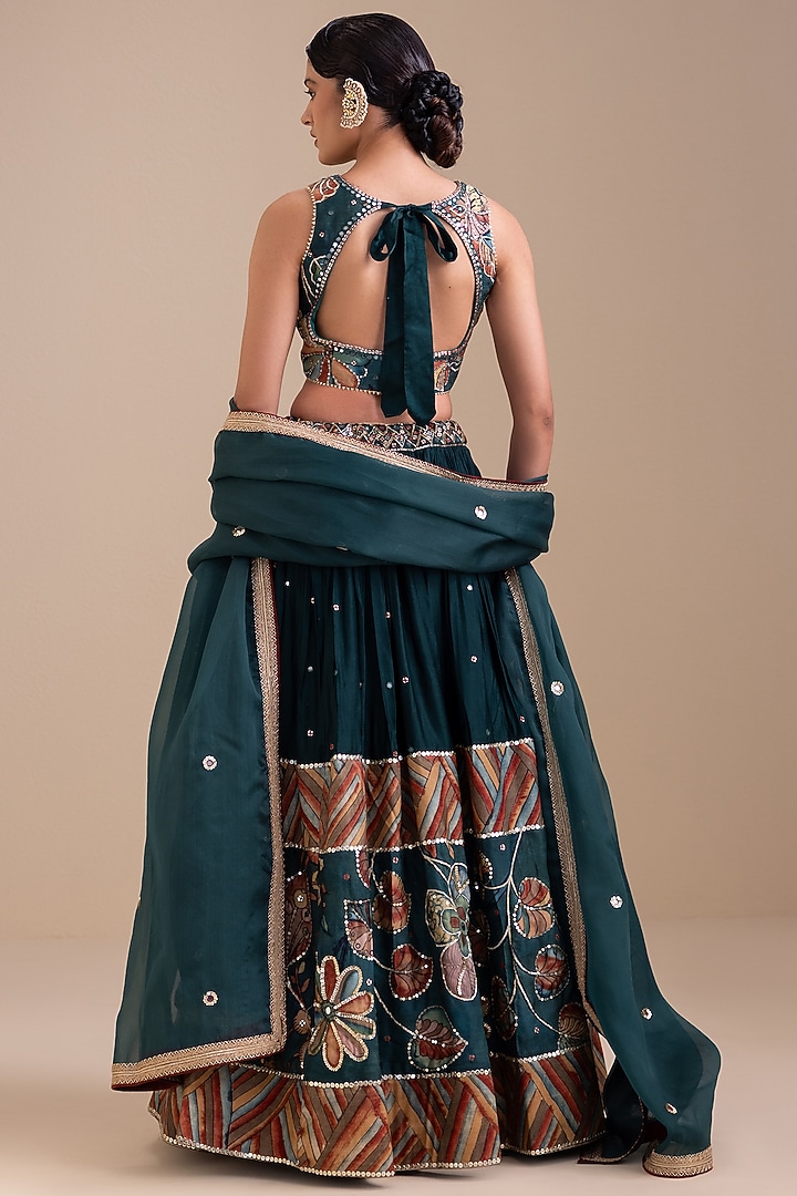 Rama Green Silk Kalamkari Hand Embroidered Wedding Lehenga Set by AAMRA BY LAVANYA at Pernia's Pop Up Shop