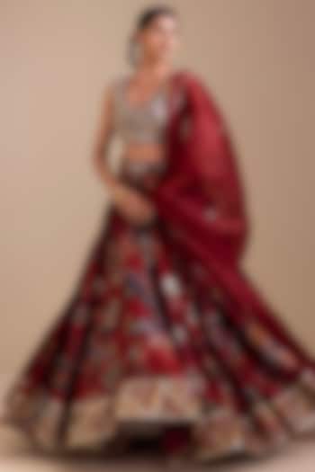 Maroon Silk Kalamkari Hand Painted Wedding Lehenga Set by AAMRA BY LAVANYA at Pernia's Pop Up Shop
