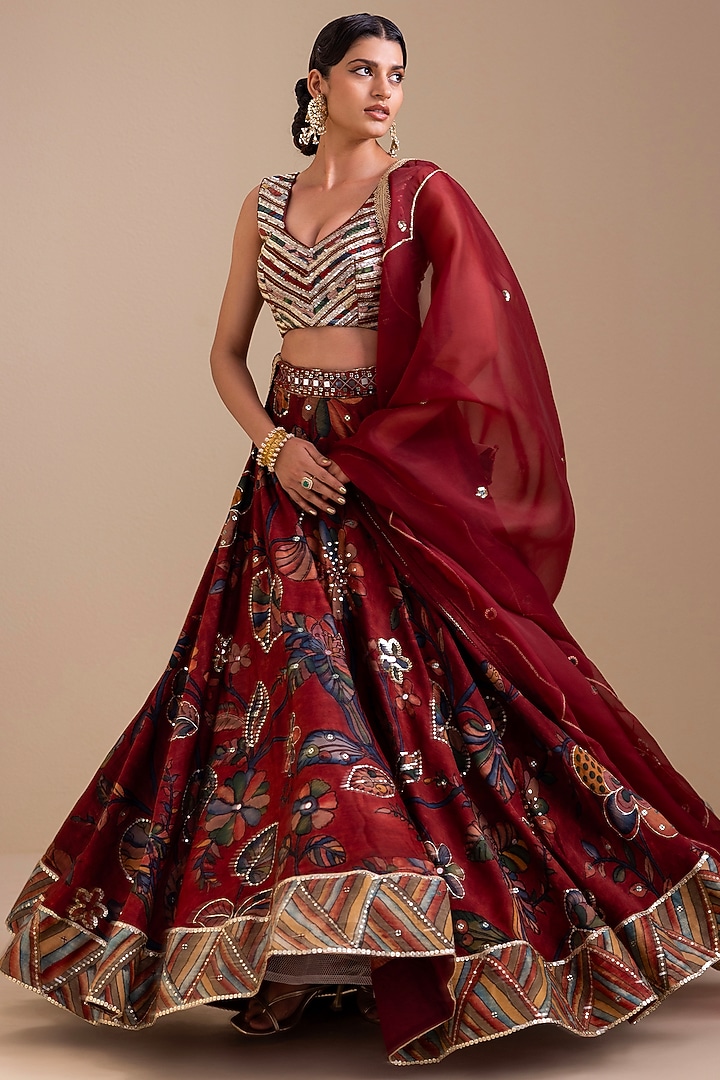 Maroon Silk Kalamkari Hand Painted Wedding Lehenga Set by AAMRA BY LAVANYA at Pernia's Pop Up Shop