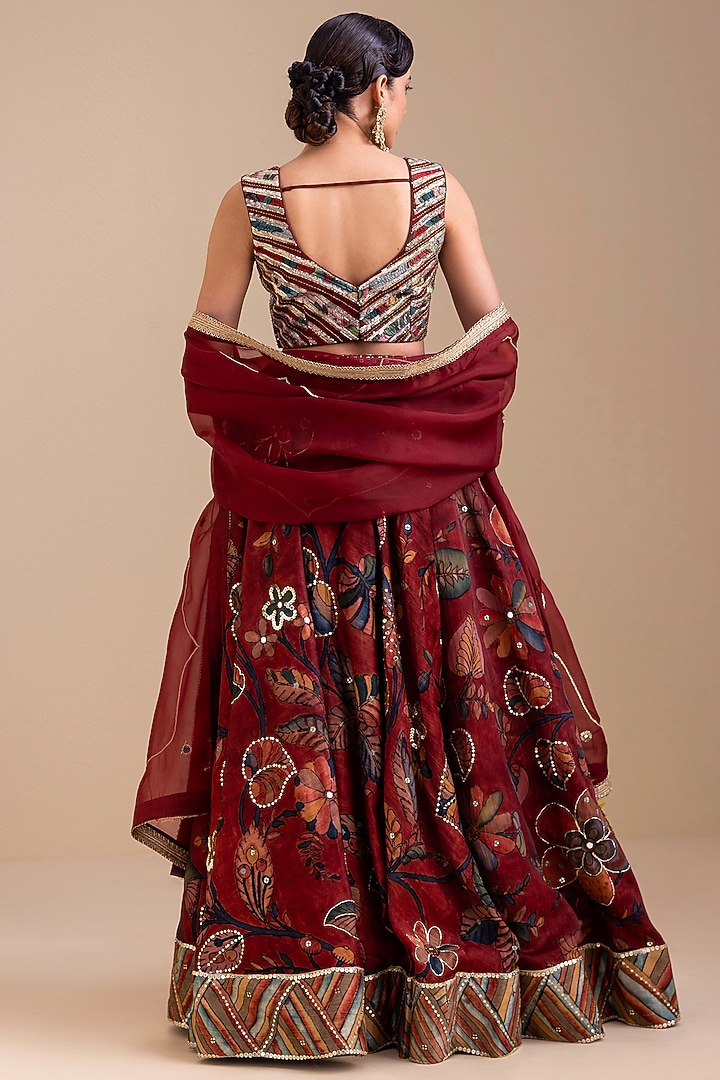 Maroon Silk Kalamkari Hand Painted Wedding Lehenga Set by AAMRA BY LAVANYA at Pernia's Pop Up Shop