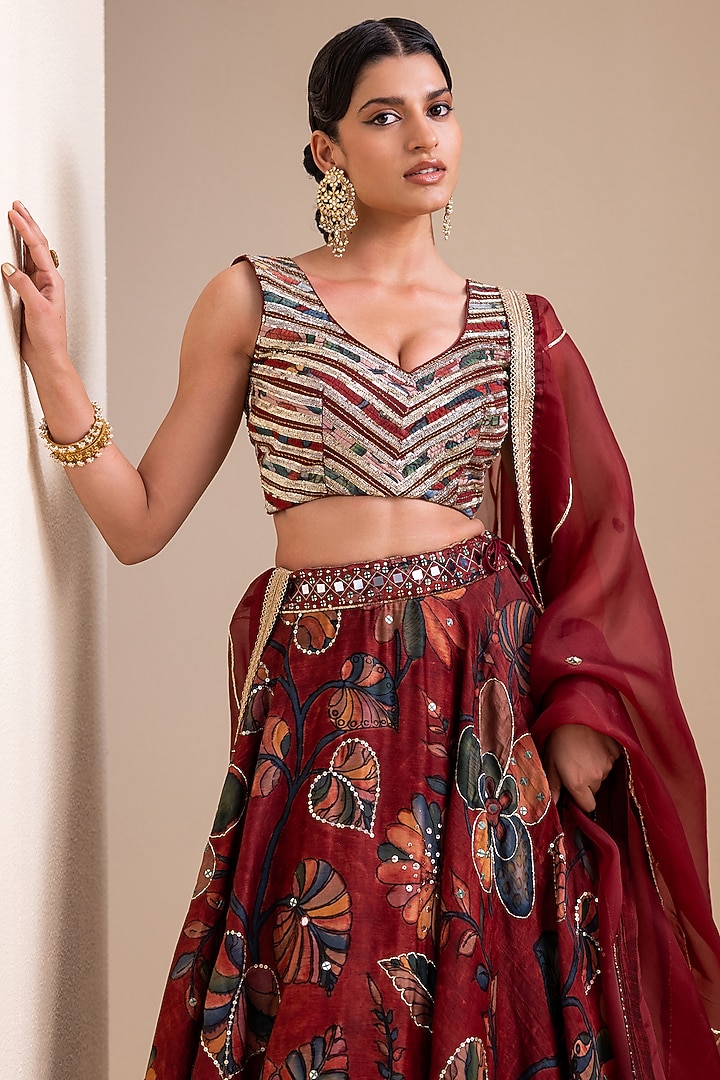 Maroon Silk Kalamkari Hand Painted Wedding Lehenga Set by AAMRA BY LAVANYA at Pernia's Pop Up Shop