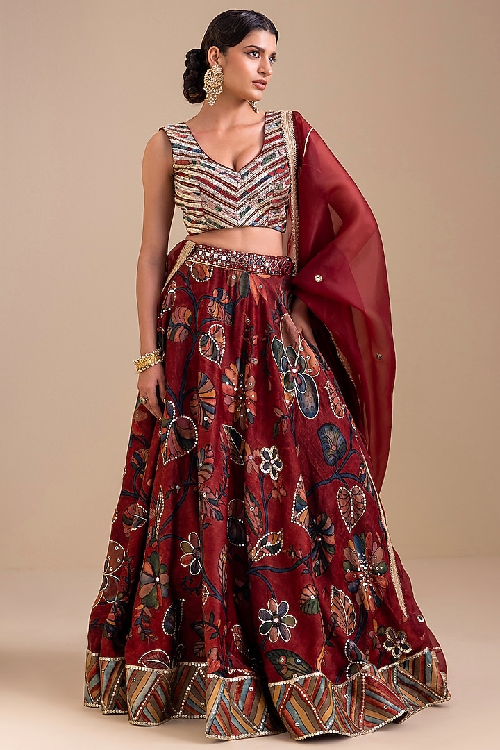 Maroon Silk Kalamkari Hand Painted Wedding Lehenga Set by AAMRA BY LAVANYA at Pernia's Pop Up Shop