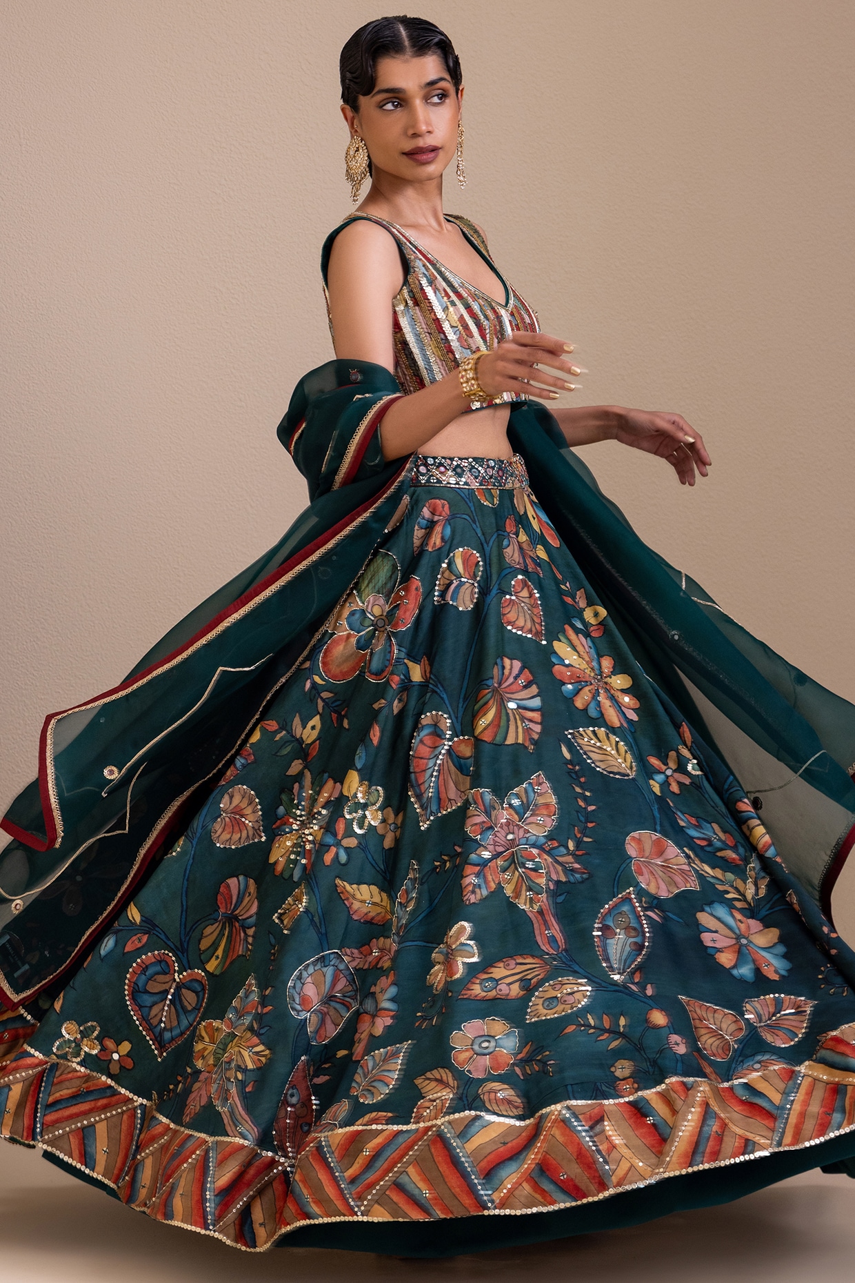 AAMRA BY LAVANYA Rama Green Silk Kalamkari Hand Painted Lehenga Set