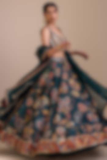 Rama Green Silk Kalamkari Hand Painted Wedding Lehenga Set by AAMRA BY LAVANYA at Pernia's Pop Up Shop