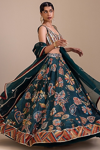 Rama Green Silk Kalamkari Hand Painted Lehenga Set by AAMRA BY LAVANYA