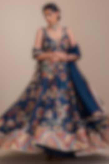 Indigo Blue Silk Kalamkari Hand Painted Wedding Lehenga Set by AAMRA BY LAVANYA at Pernia's Pop Up Shop
