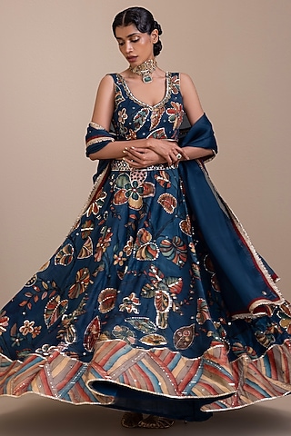 Indigo Blue Silk Kalamkari Hand Painted Lehenga Set by AAMRA BY LAVANYA