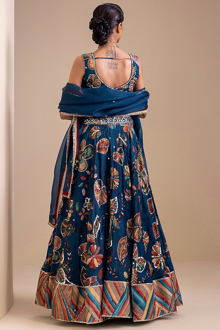 Indigo Blue Silk Kalamkari Hand Painted Wedding Lehenga Set by AAMRA BY LAVANYA at Pernia's Pop Up Shop