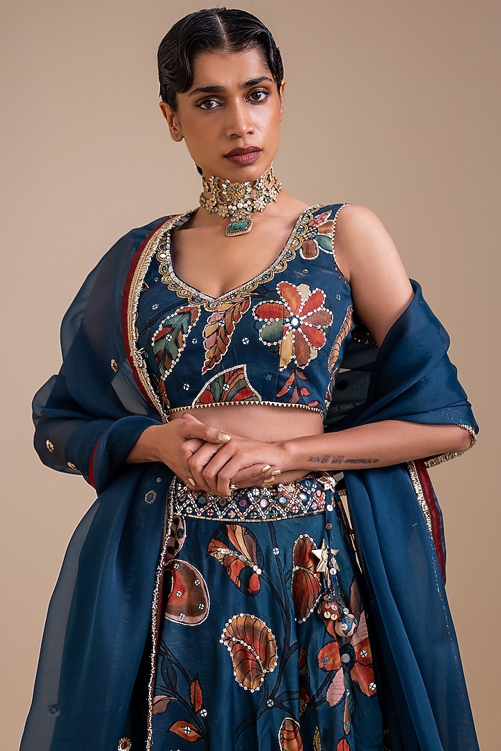Indigo Blue Silk Kalamkari Hand Painted Wedding Lehenga Set by AAMRA BY LAVANYA at Pernia's Pop Up Shop
