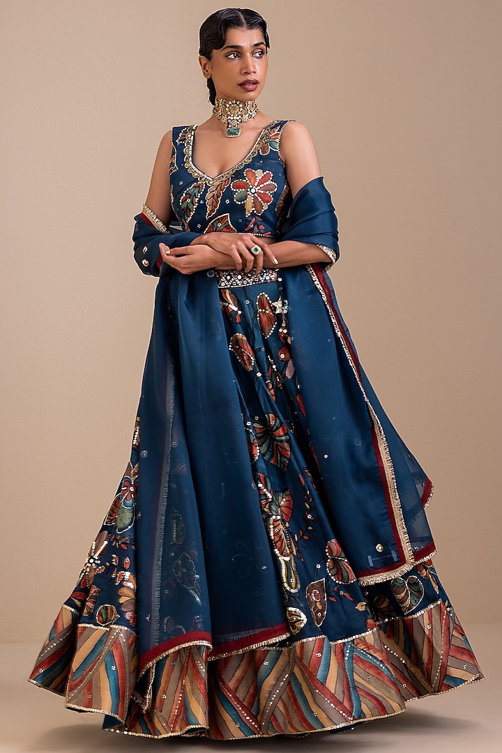 Indigo Blue Silk Kalamkari Hand Painted Wedding Lehenga Set by AAMRA BY LAVANYA at Pernia's Pop Up Shop