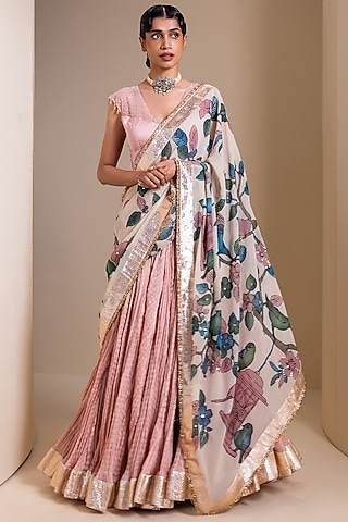 Pastel Pink Silk Crushed Lehenga Set by AAMRA BY LAVANYA