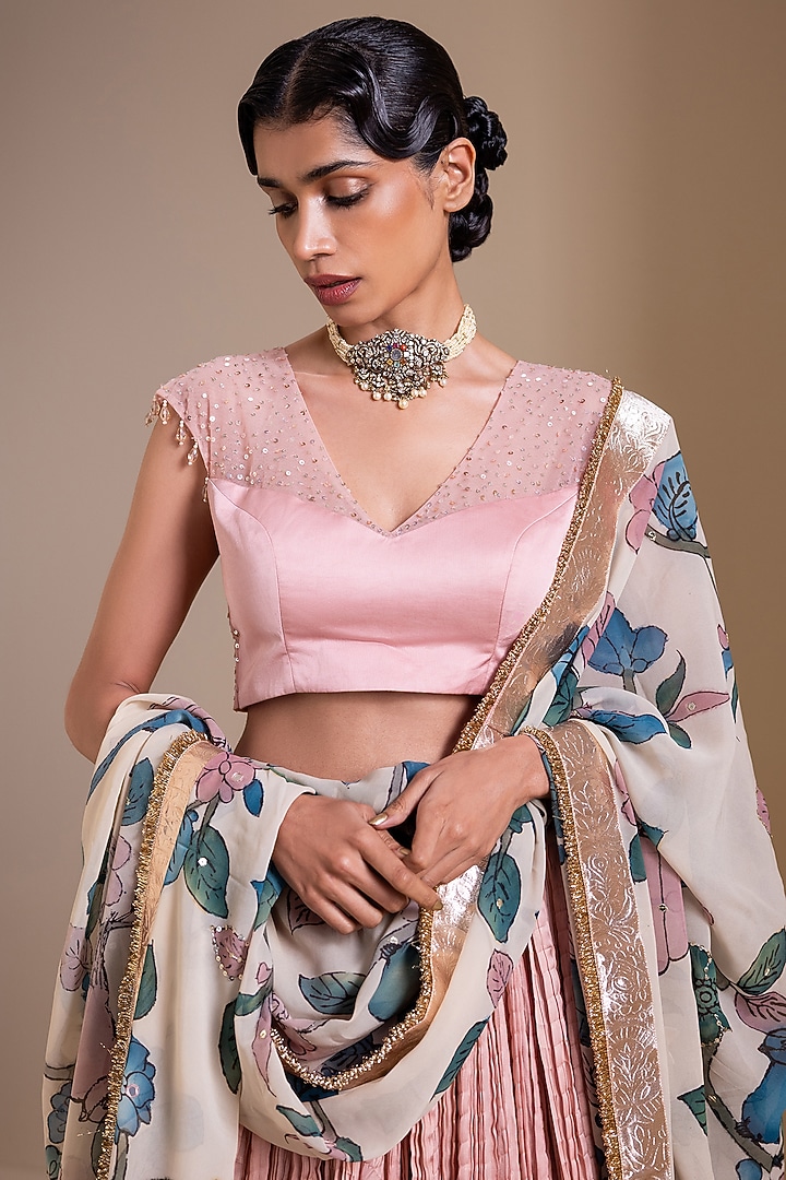 Pastel Pink Silk Crushed Wedding Lehenga Set by AAMRA BY LAVANYA at Pernia's Pop Up Shop