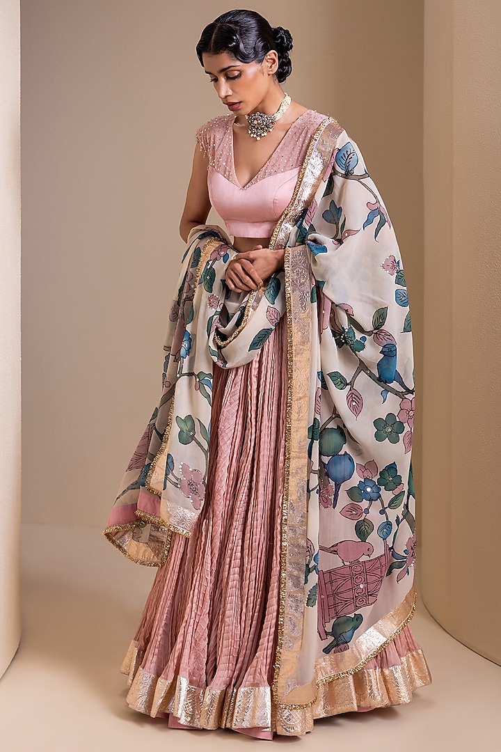 Pastel Pink Silk Crushed Wedding Lehenga Set by AAMRA BY LAVANYA at Pernia's Pop Up Shop