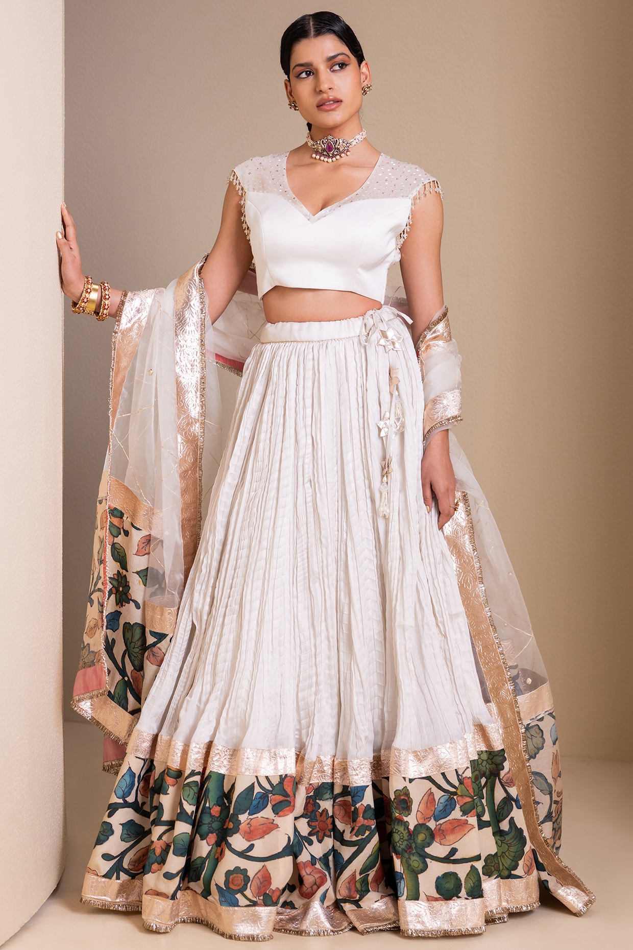 AAMRA BY LAVANYA Ivory Silk Crushed Lehenga Set