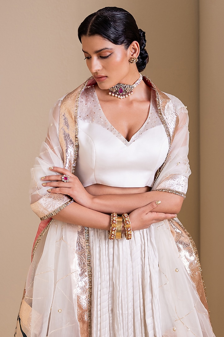 Ivory Silk Crushed Wedding Lehenga Set by AAMRA BY LAVANYA at Pernia's Pop Up Shop