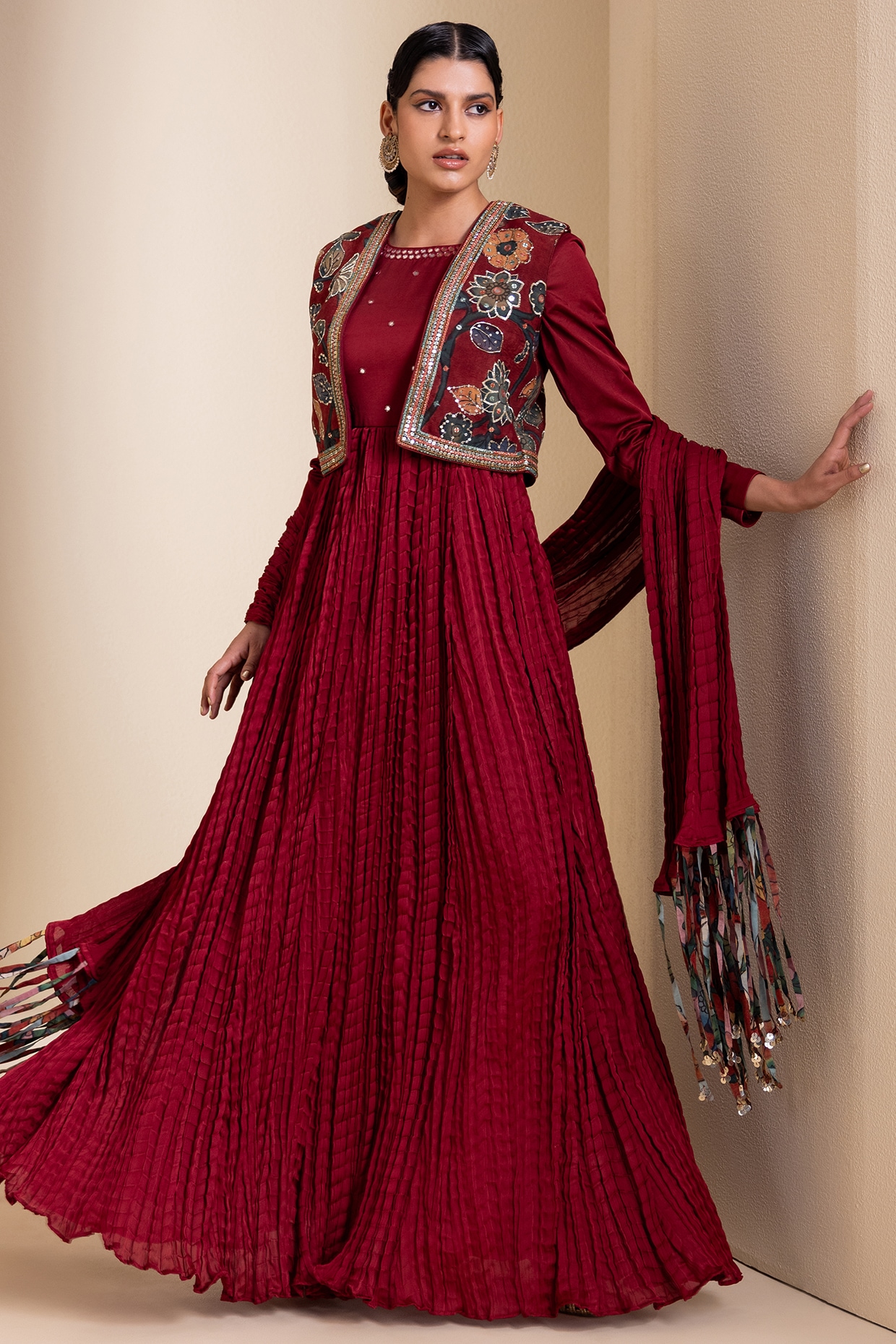 AAMRA BY LAVANYA Maroon Silk Sequins Embroidered Crushed Anarkali With Jacket