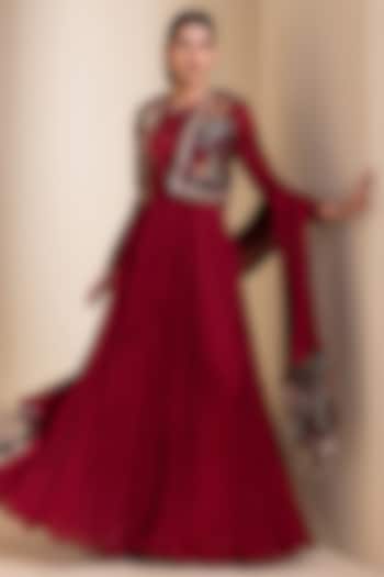 Maroon Silk Sequins Embroidered Crushed Wedding Anarkali With Jacket by AAMRA BY LAVANYA at Pernia's Pop Up Shop