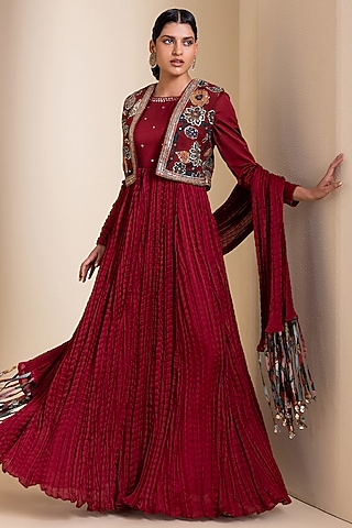 Maroon Silk Sequins Embroidered Crushed Anarkali With Jacket by AAMRA BY LAVANYA