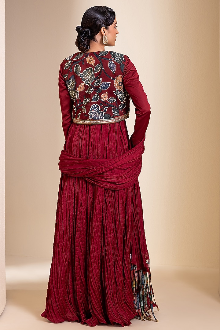 Maroon Silk Sequins Embroidered Crushed Wedding Anarkali With Jacket by AAMRA BY LAVANYA at Pernia's Pop Up Shop