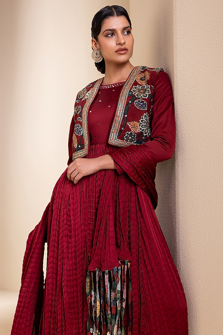 Maroon Silk Sequins Embroidered Crushed Wedding Anarkali With Jacket by AAMRA BY LAVANYA at Pernia's Pop Up Shop