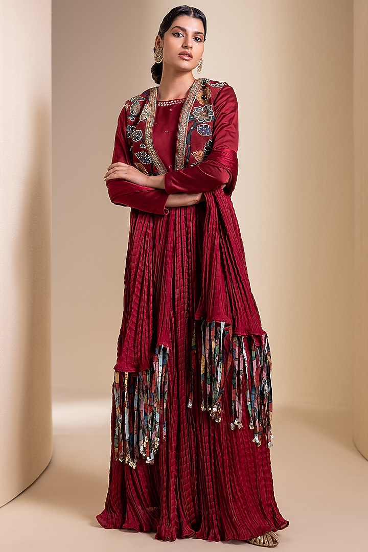 Maroon Silk Sequins Embroidered Crushed Wedding Anarkali With Jacket by AAMRA BY LAVANYA at Pernia's Pop Up Shop