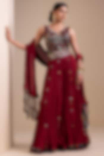 Maroon Silk Silk Crushed Wedding Sharara Set by AAMRA BY LAVANYA at Pernia's Pop Up Shop