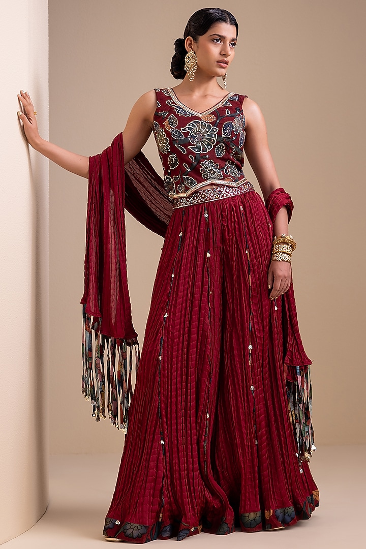 Maroon Silk Silk Crushed Wedding Sharara Set by AAMRA BY LAVANYA at Pernia's Pop Up Shop