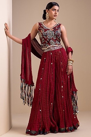 Maroon Silk Silk Crushed Sharara Set by AAMRA BY LAVANYA