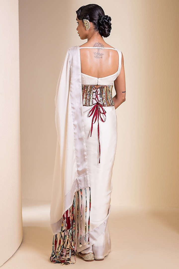 Ivory Satin & Silk Fringed Pre-Draped Wedding Saree Set by AAMRA BY LAVANYA at Pernia's Pop Up Shop