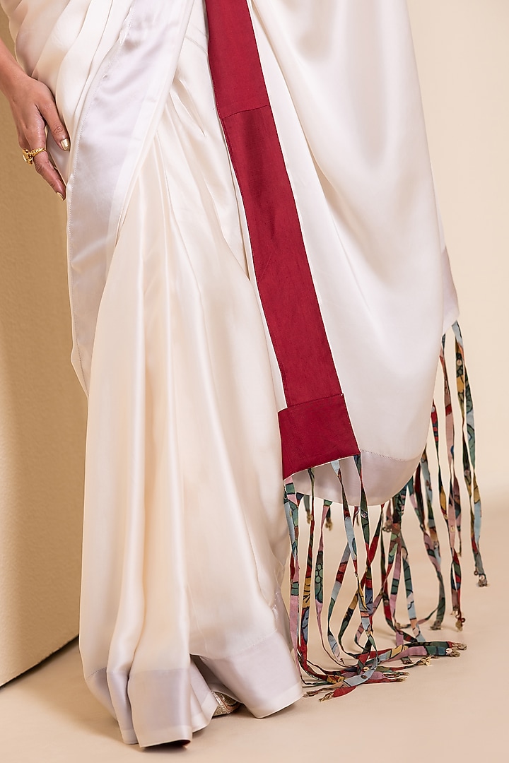 Ivory Satin & Silk Fringed Pre-Draped Wedding Saree Set by AAMRA BY LAVANYA at Pernia's Pop Up Shop