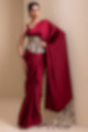 Maroon Satin & Silk Fringed Pre-Draped Wedding Saree Set by AAMRA BY LAVANYA at Pernia's Pop Up Shop