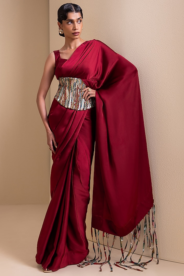 Maroon Satin & Silk Fringed Pre-Draped Wedding Saree Set by AAMRA BY LAVANYA at Pernia's Pop Up Shop