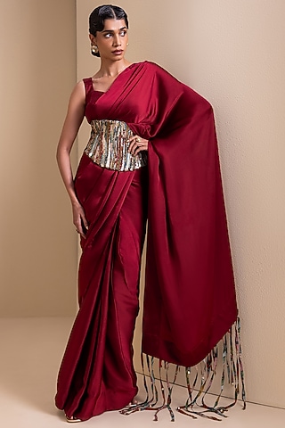 Maroon Satin & Silk Fringed Pre-Draped Saree Set by AAMRA BY LAVANYA