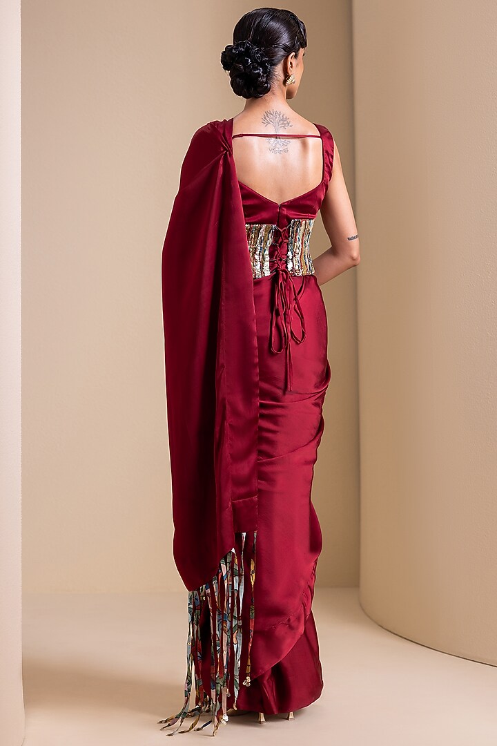 Maroon Satin & Silk Fringed Pre-Draped Wedding Saree Set by AAMRA BY LAVANYA at Pernia's Pop Up Shop