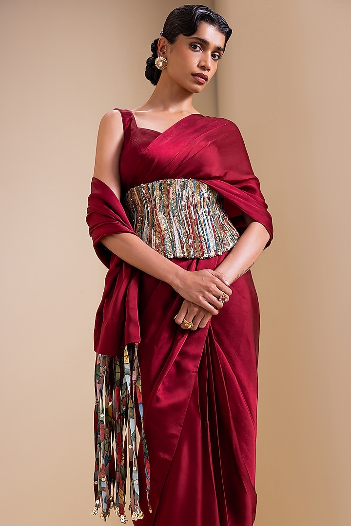 Maroon Satin & Silk Fringed Pre-Draped Wedding Saree Set by AAMRA BY LAVANYA at Pernia's Pop Up Shop