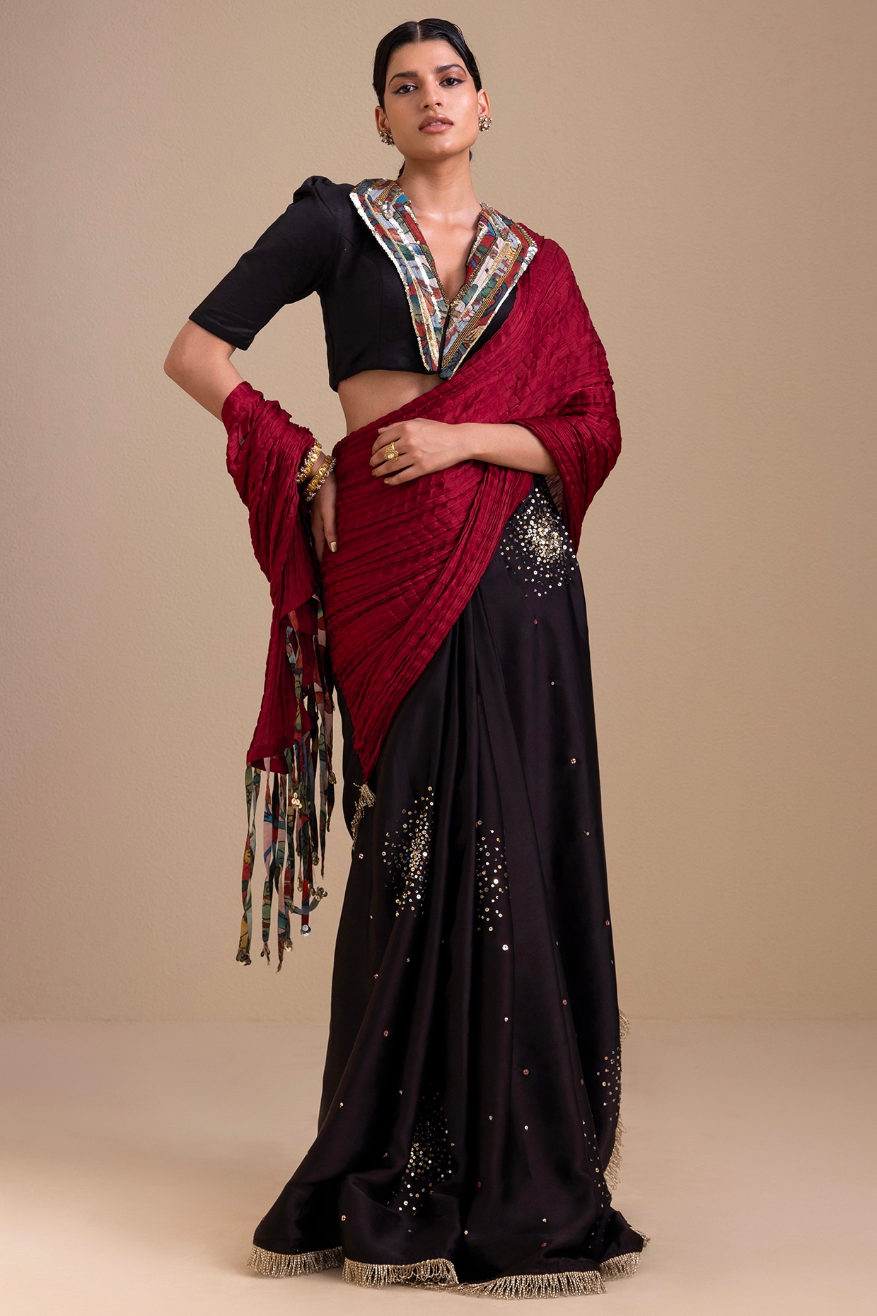 AAMRA BY LAVANYA Black & Maroon Satin & Silk Pre-Draped Saree Set