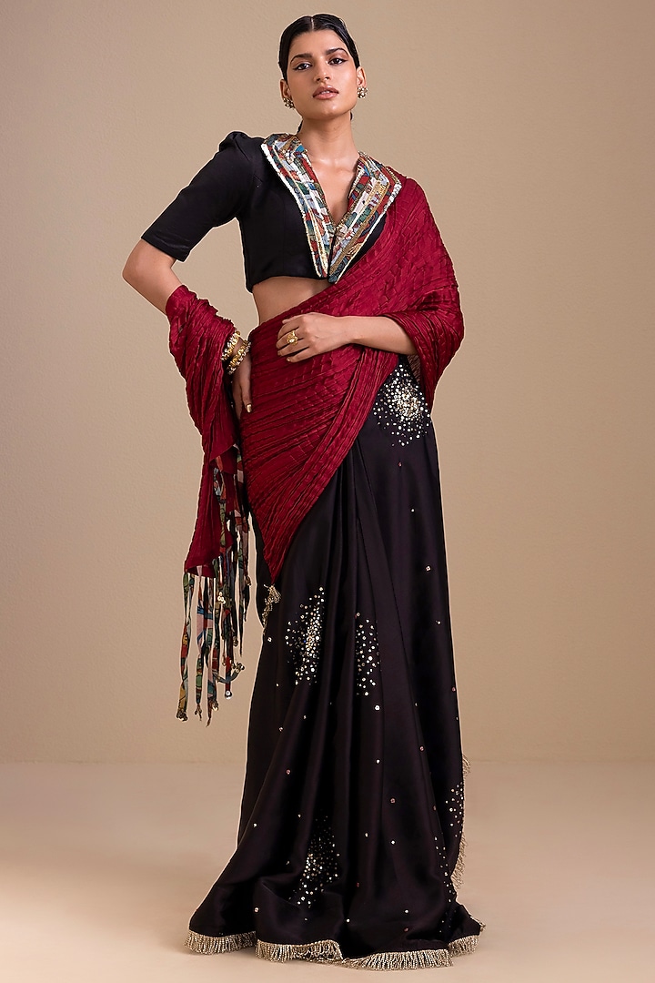 Black & Maroon Satin & Silk Pre-Draped Wedding Saree Set by AAMRA BY LAVANYA at Pernia's Pop Up Shop