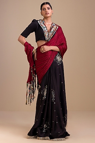 Black & Maroon Satin & Silk Pre-Draped Saree Set by AAMRA BY LAVANYA